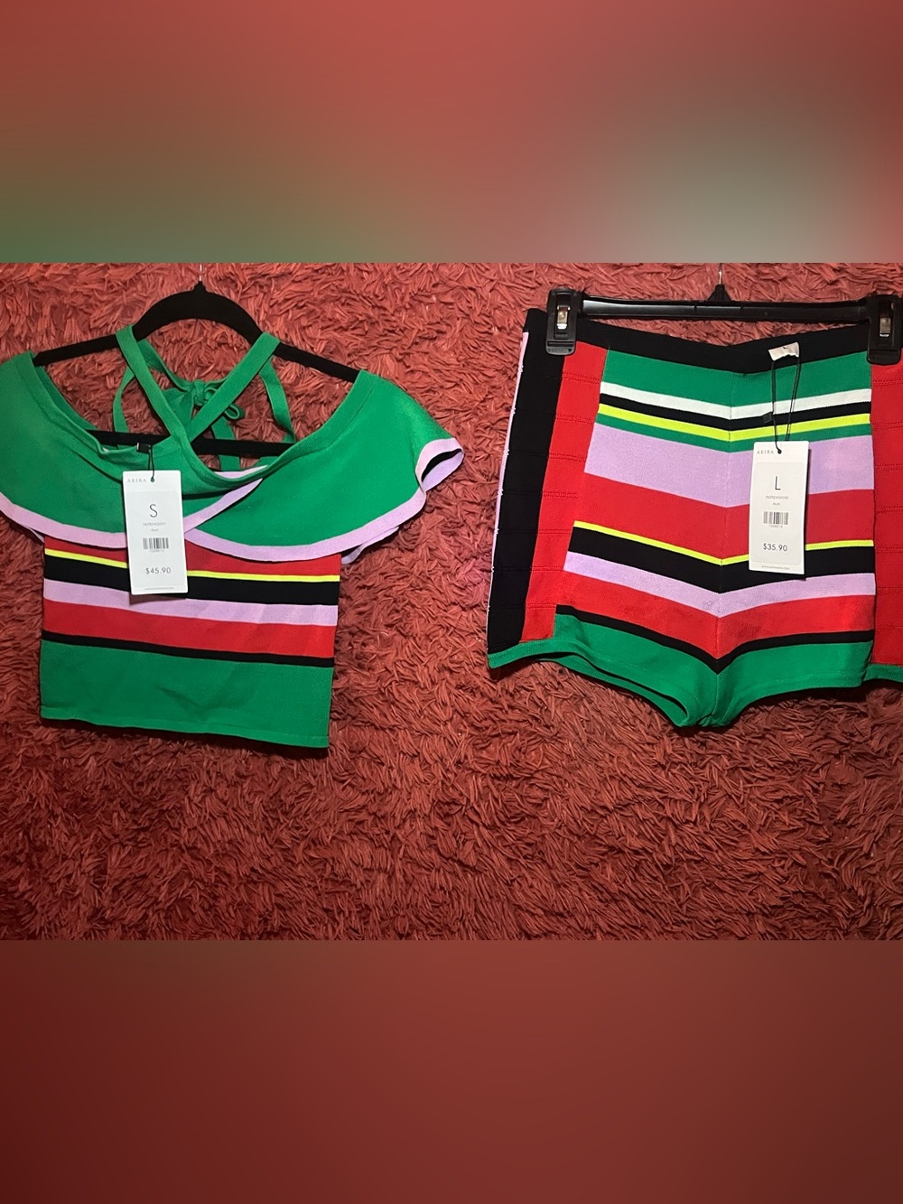 Akira Striped Two-Piece Set in Green, Red, Black & Lavender Top S Shorts L NWT
